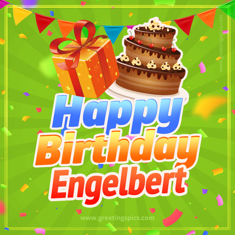 Happy Birthday Engelbert picture with flags, chocolate cake and gift box (square shape image)