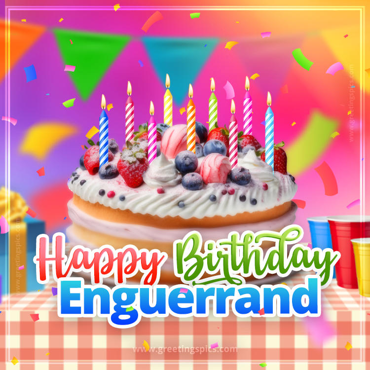 Happy Birthday Enguerrand Colorful Image with fruit cake and candles (square shape image)