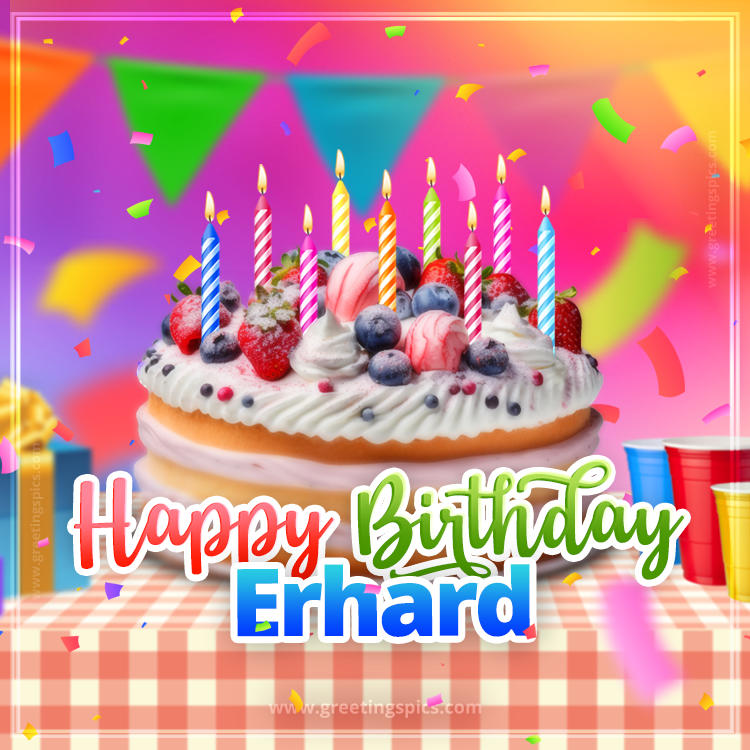 Happy Birthday Erhard Colorful Image with fruit cake and candles (square shape image)