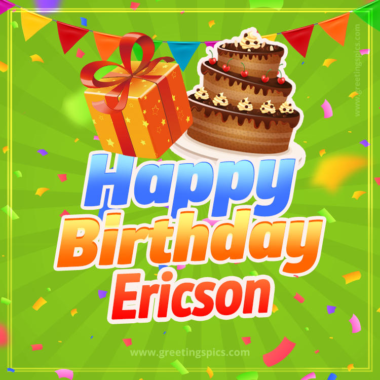 Happy Birthday Ericson picture with flags, chocolate cake and gift box (square shape image)