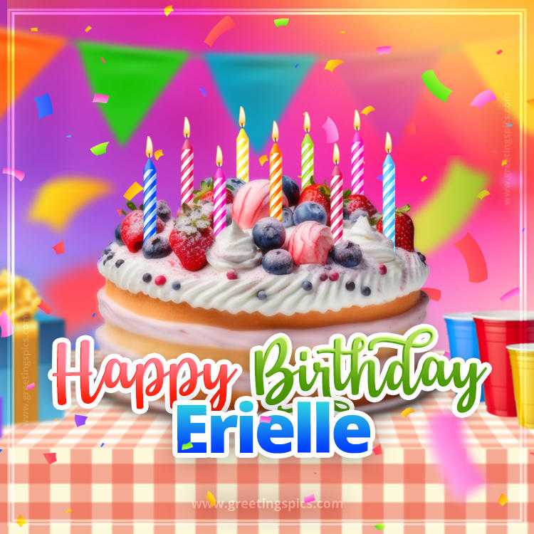 Happy Birthday Erielle Colorful Image with fruit cake and candles (square shape image)