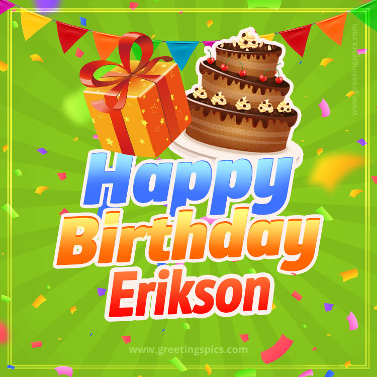 Happy Birthday Erikson picture with flags, chocolate cake and gift box (square shape image)