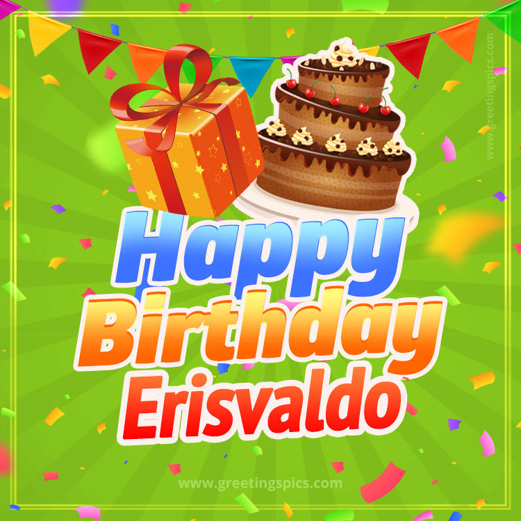 Happy Birthday Erisvaldo picture with flags, chocolate cake and gift box (square shape image)