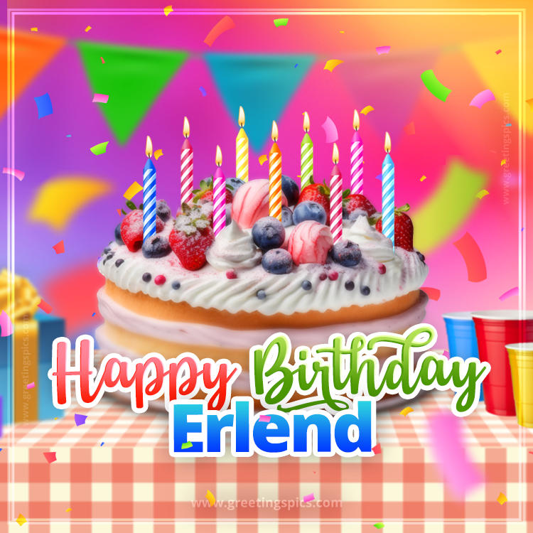 Happy Birthday Erlend Colorful Image with fruit cake and candles (square shape image)