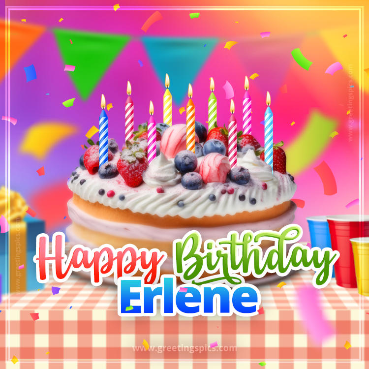 Happy Birthday Erlene Colorful Image with fruit cake and candles (square shape image)