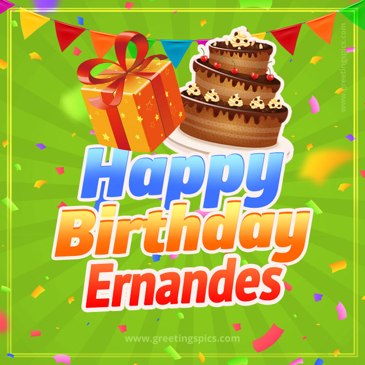 Happy Birthday Ernandes picture with flags, chocolate cake and gift box (square shape image)