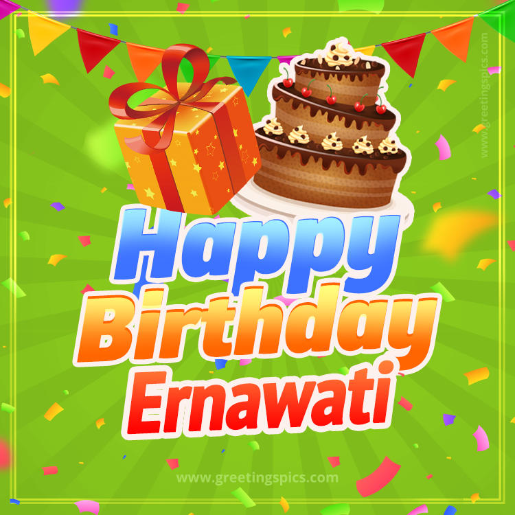 Happy Birthday Ernawati picture with flags, chocolate cake and gift box (square shape image)