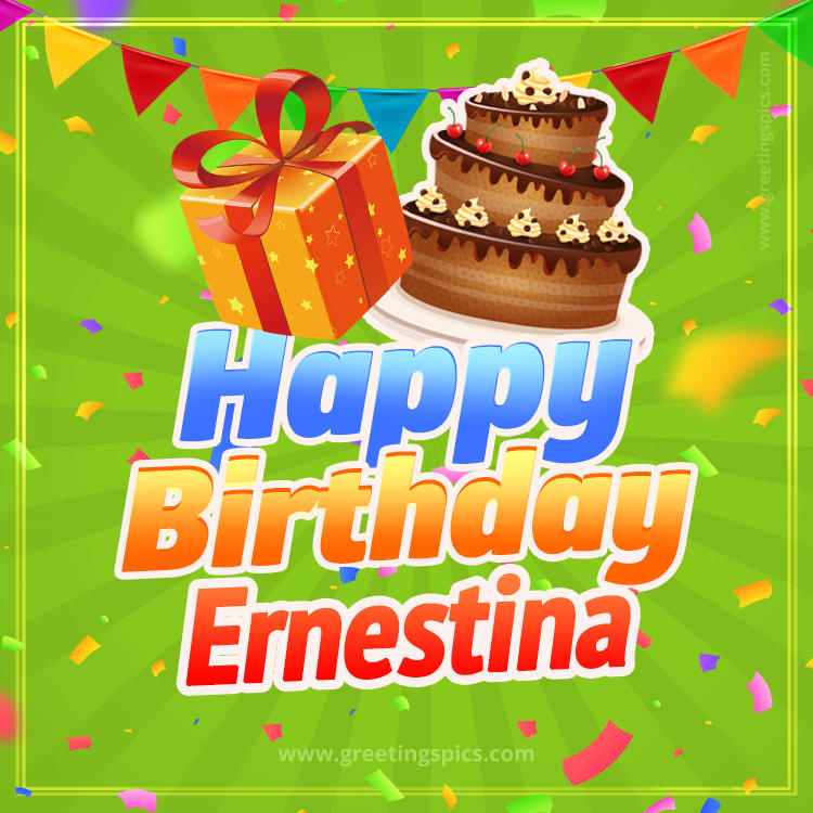 Happy Birthday Ernestina picture with flags, chocolate cake and gift box (square shape image)