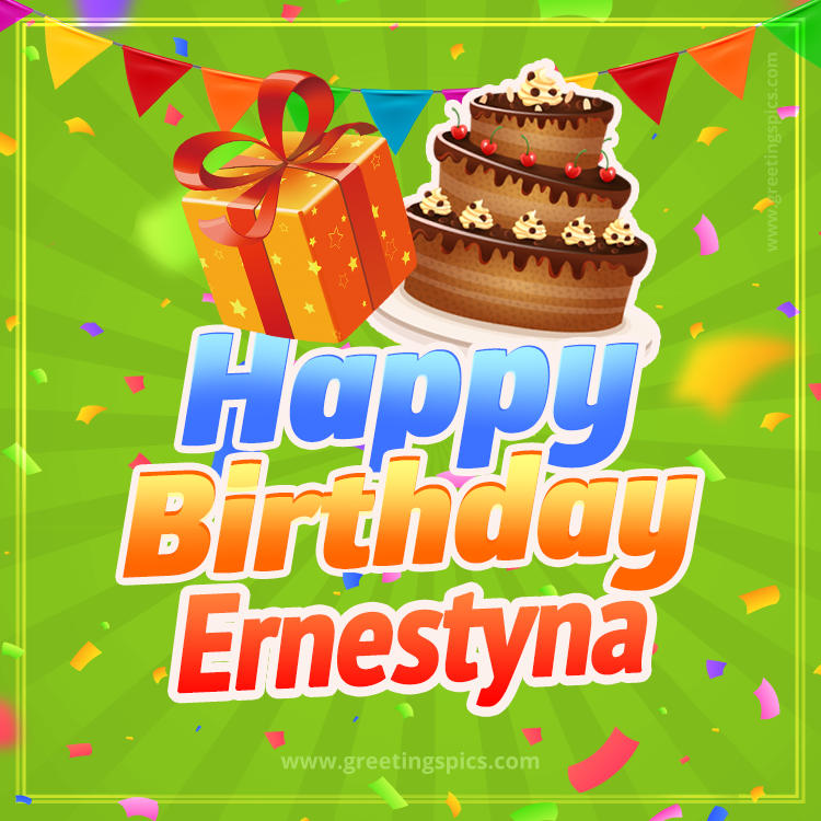 Happy Birthday Ernestyna picture with flags, chocolate cake and gift box (square shape image)