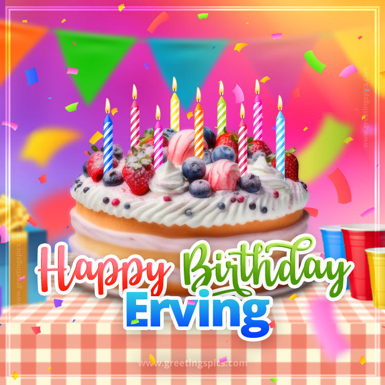 Happy Birthday Erving Colorful Image with fruit cake and candles (square shape image)