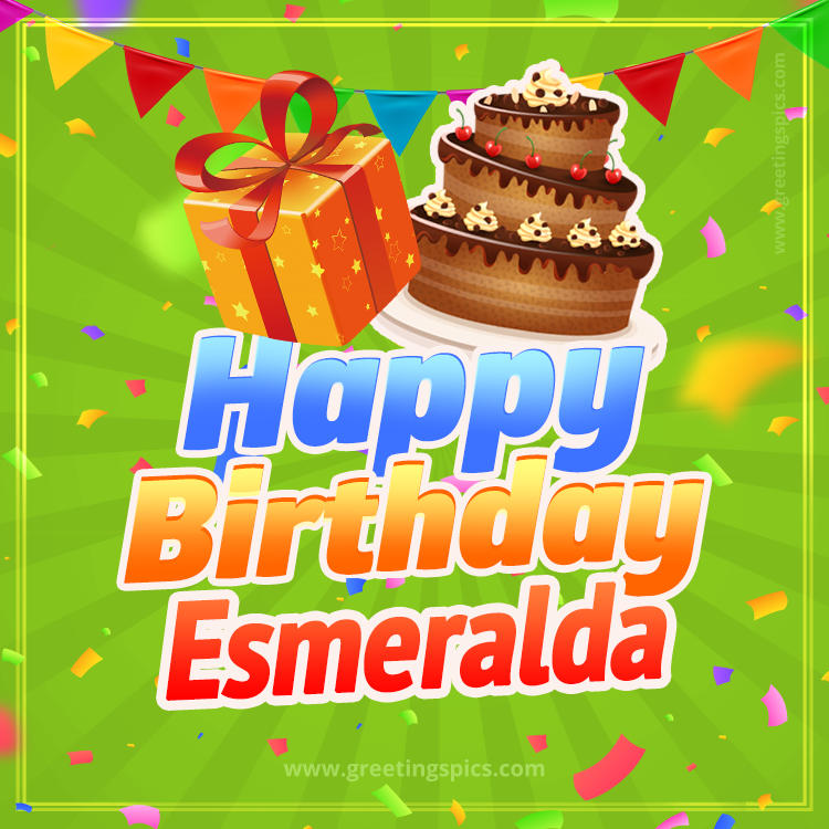 Happy Birthday Esmeralda picture with flags, chocolate cake and gift box (square shape image)