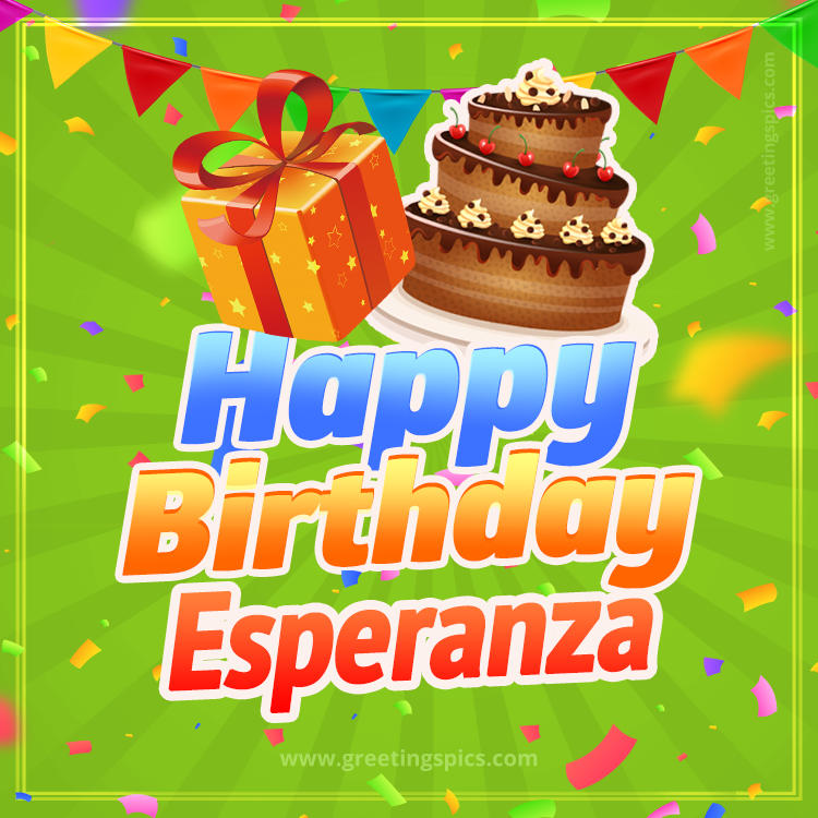 Happy Birthday Esperanza picture with flags, chocolate cake and gift box (square shape image)