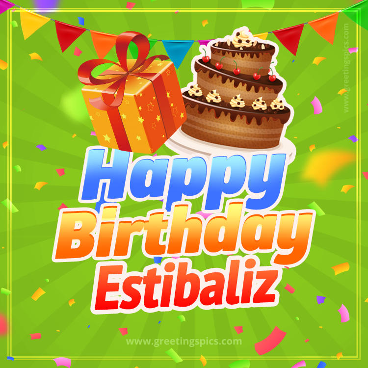 Happy Birthday Estibaliz picture with flags, chocolate cake and gift box (square shape image)
