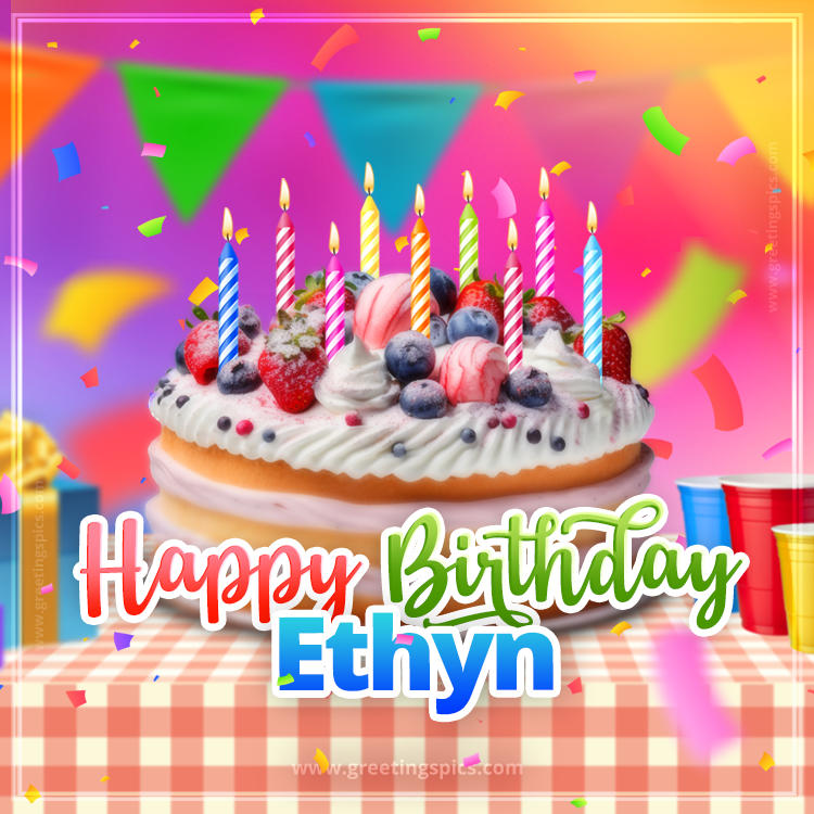 Happy Birthday Ethyn Colorful Image with fruit cake and candles (square shape image)