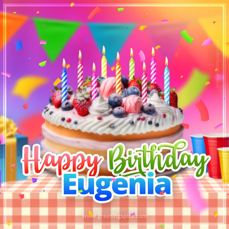 Happy Birthday Eugenia Colorful Image with fruit cake and candles (square shape image)