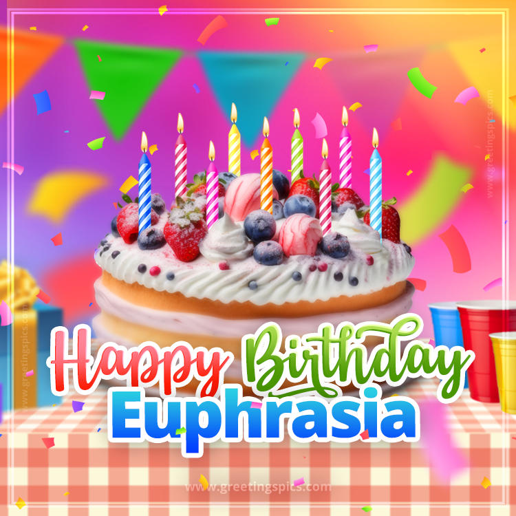 Happy Birthday Euphrasia Colorful Image with fruit cake and candles (square shape image)