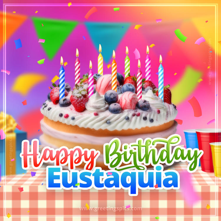 Happy Birthday Eustaquia Colorful Image with fruit cake and candles (square shape image)