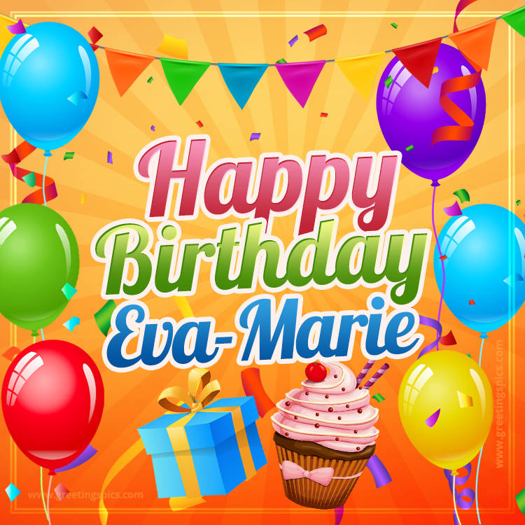 Happy Birthday Eva-Marie eCard with gift box and cupcake (square shape image)