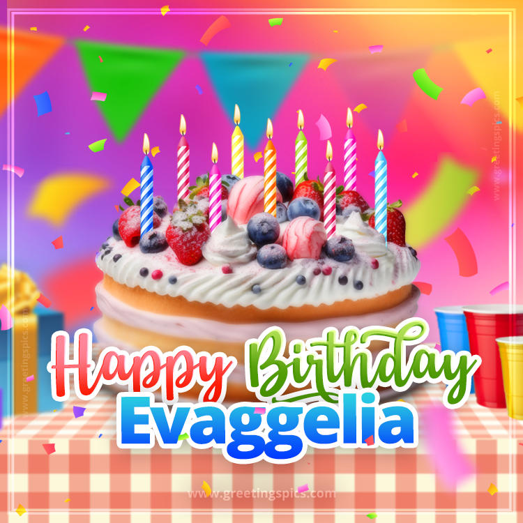 Happy Birthday Evaggelia Colorful Image with fruit cake and candles (square shape image)