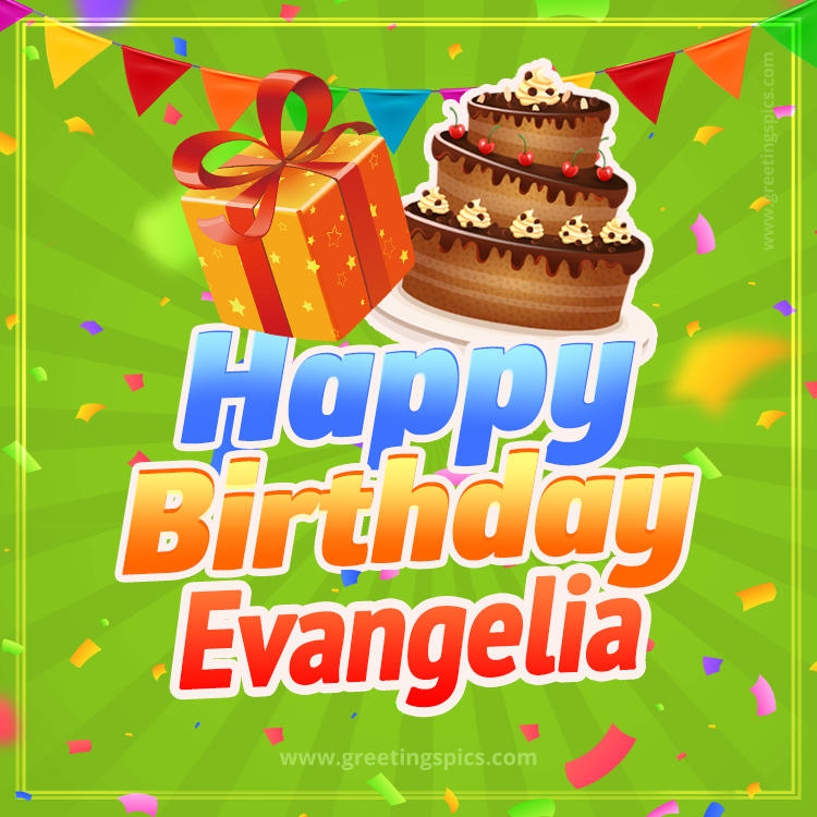 Happy Birthday Evangelia picture with flags, chocolate cake and gift box (square shape image)