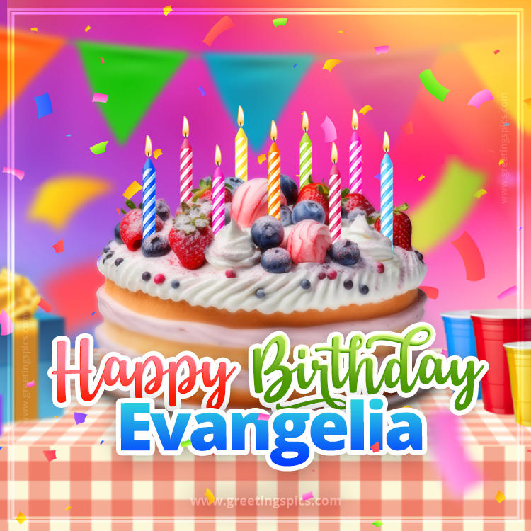 Happy Birthday Evangelia Colorful Image with fruit cake and candles (square shape image)