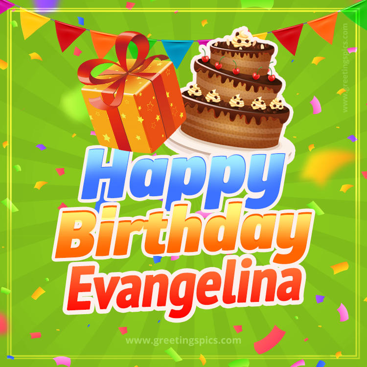 Happy Birthday Evangelina picture with flags, chocolate cake and gift box (square shape image)