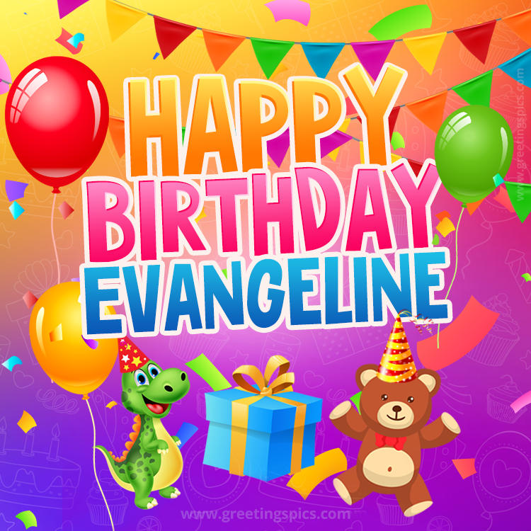 Happy Birthday Evangeline Image for a child with cute dinosaur and bear (square shape image)