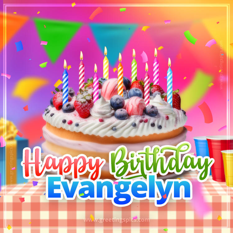 Happy Birthday Evangelyn Colorful Image with fruit cake and candles (square shape image)