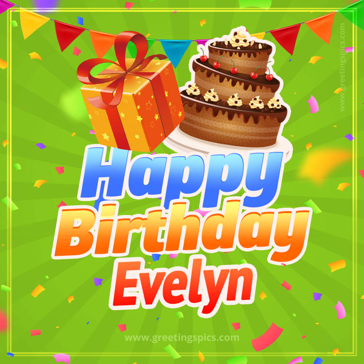 Happy Birthday Evelyn picture with flags, chocolate cake and gift box (square shape image)