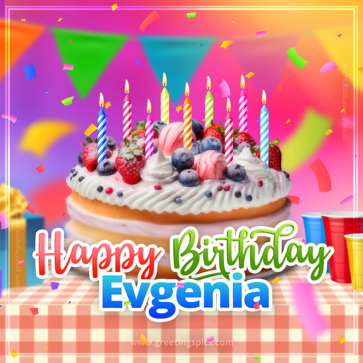 Happy Birthday Evgenia Colorful Image with fruit cake and candles (square shape image)