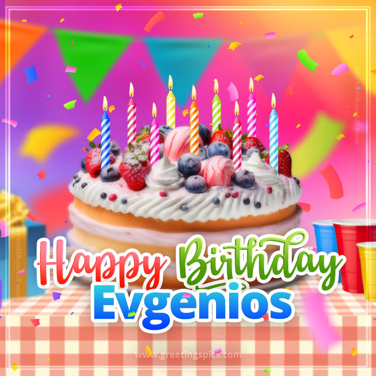 Happy Birthday Evgenios Colorful Image with fruit cake and candles (square shape image)