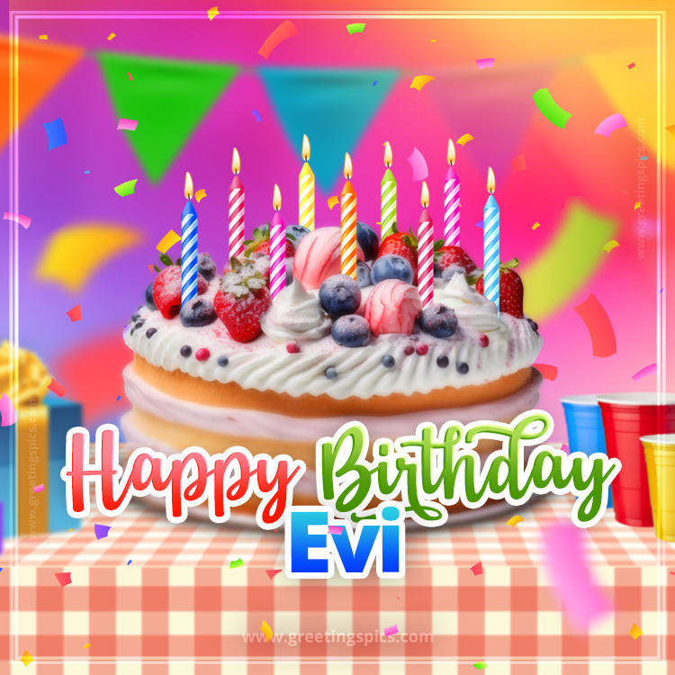 Happy Birthday Evi Colorful Image with fruit cake and candles (square shape image)