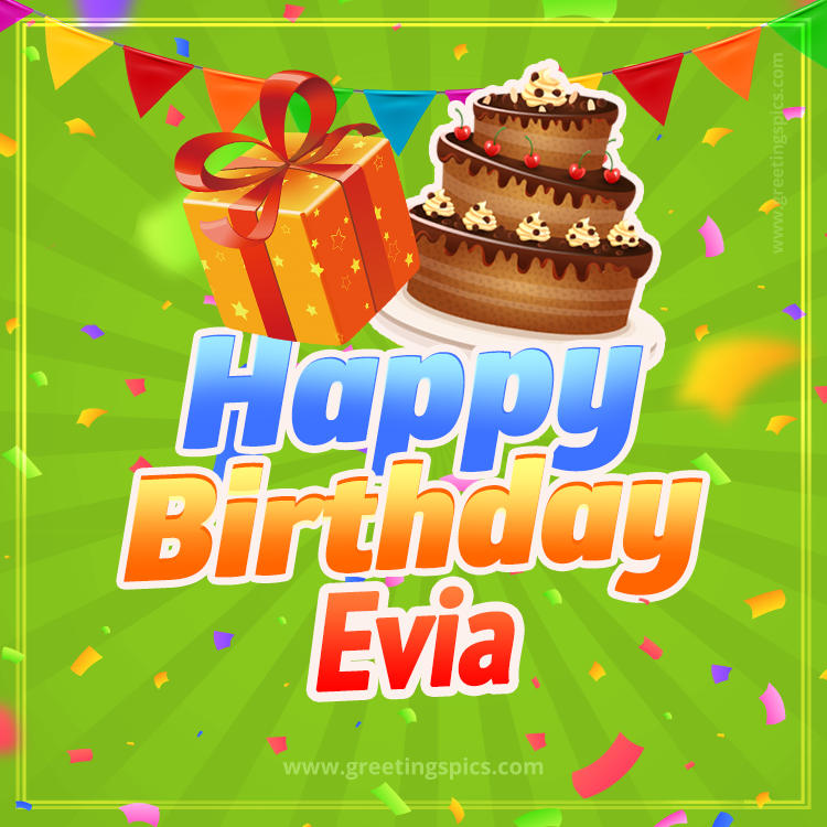 Happy Birthday Evia picture with flags, chocolate cake and gift box (square shape image)