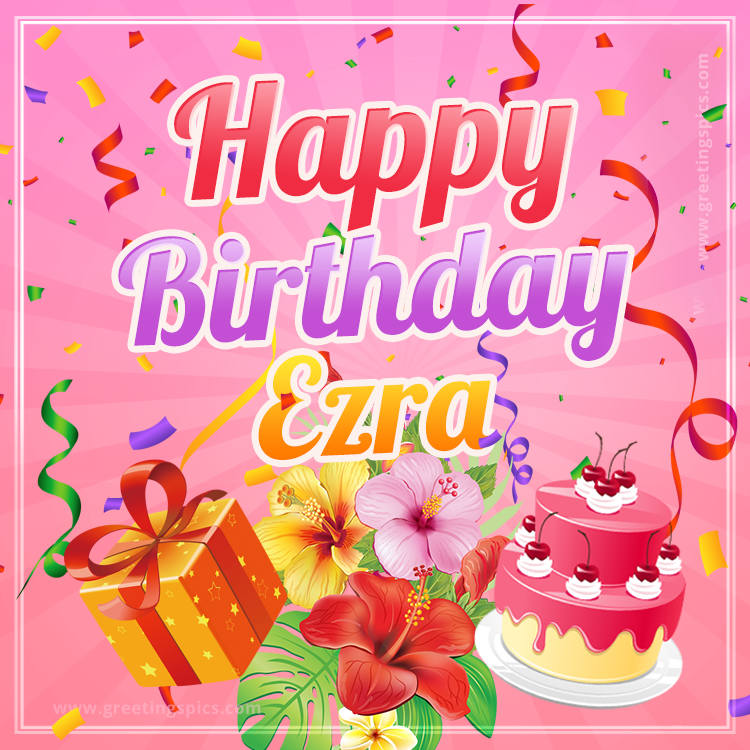 Beautiful Birthday Card for Ezra with Cake and bouquet of flowers (square shape image)