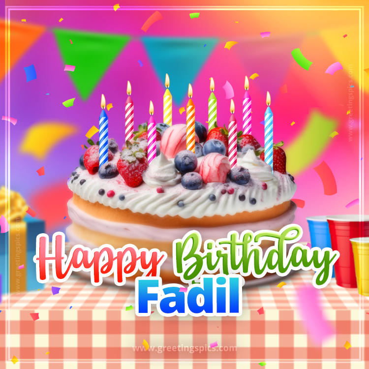 Happy Birthday Fadil Colorful Image with fruit cake and candles (square shape image)