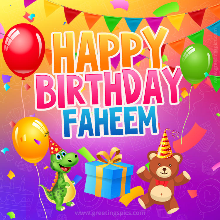 Happy Birthday Faheem Image for a child with cute baby dinosaur and bear (square shape image)