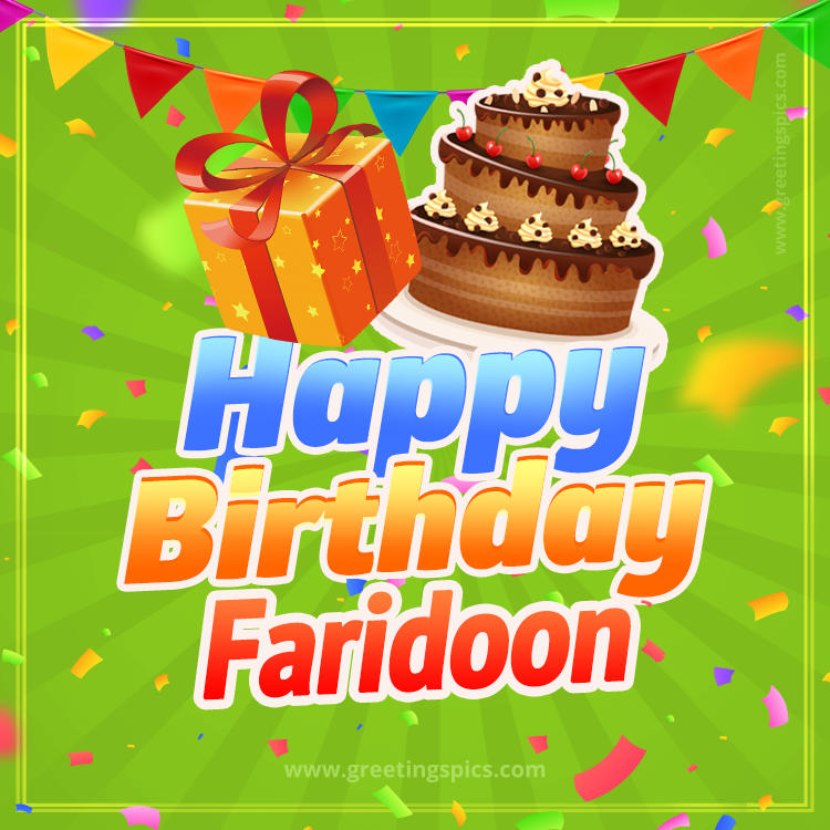 Happy Birthday Faridoon picture with flags, chocolate cake and gift box (square shape image)