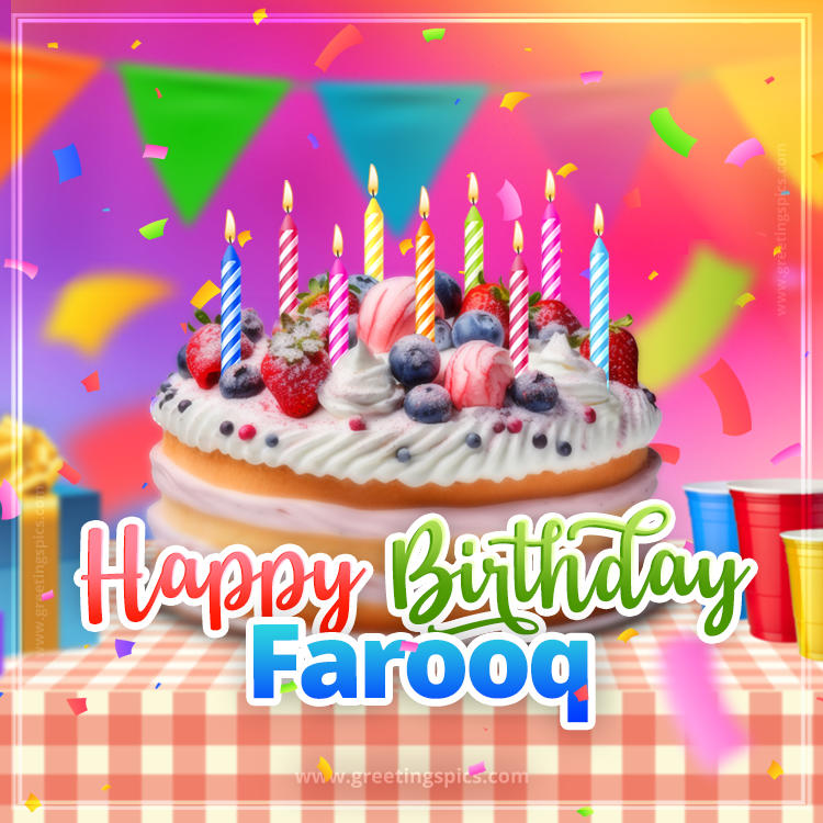 Happy Birthday Farooq Colorful Image with fruit cake and candles (square shape image)