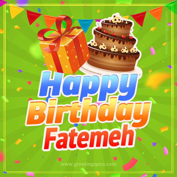 Happy Birthday Fatemeh picture with flags, chocolate cake and gift box (square shape image)