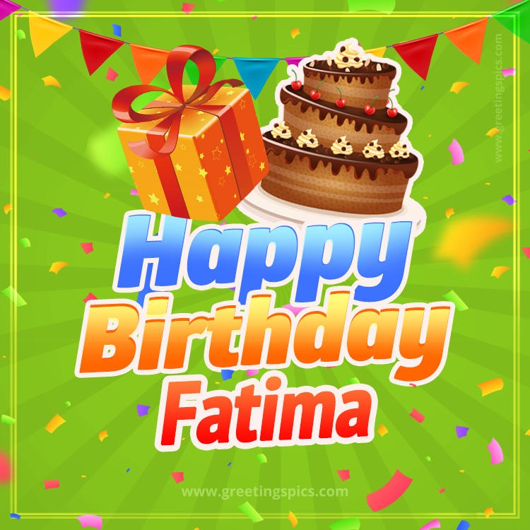 Happy Birthday Fatima picture with flags, chocolate cake and gift box (square shape image)