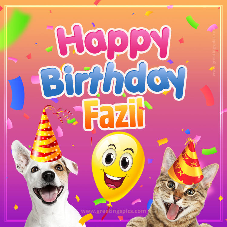 Happy Birthday Fazil Funny Image with cat and dog (square shape image)