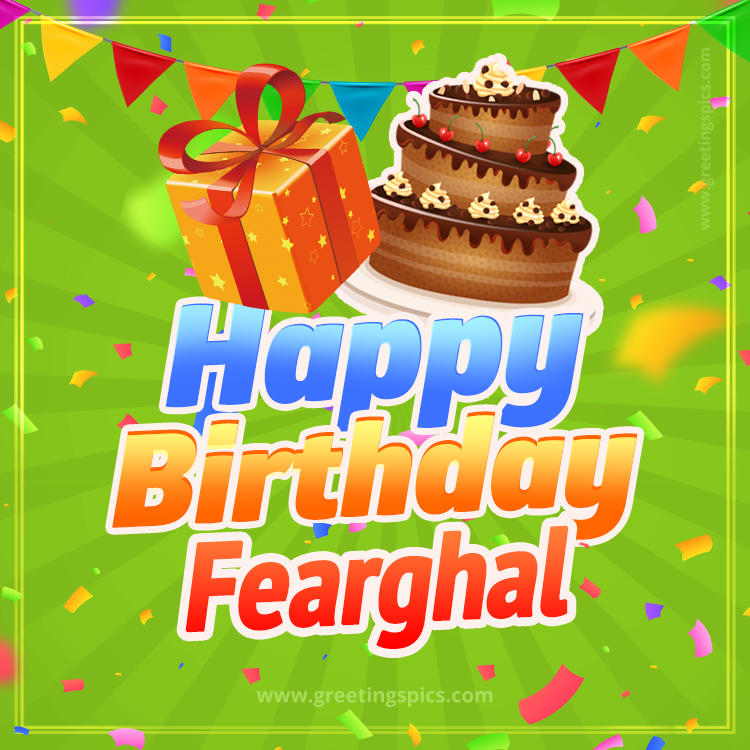 Happy Birthday Fearghal picture with flags, chocolate cake and gift box (square shape image)