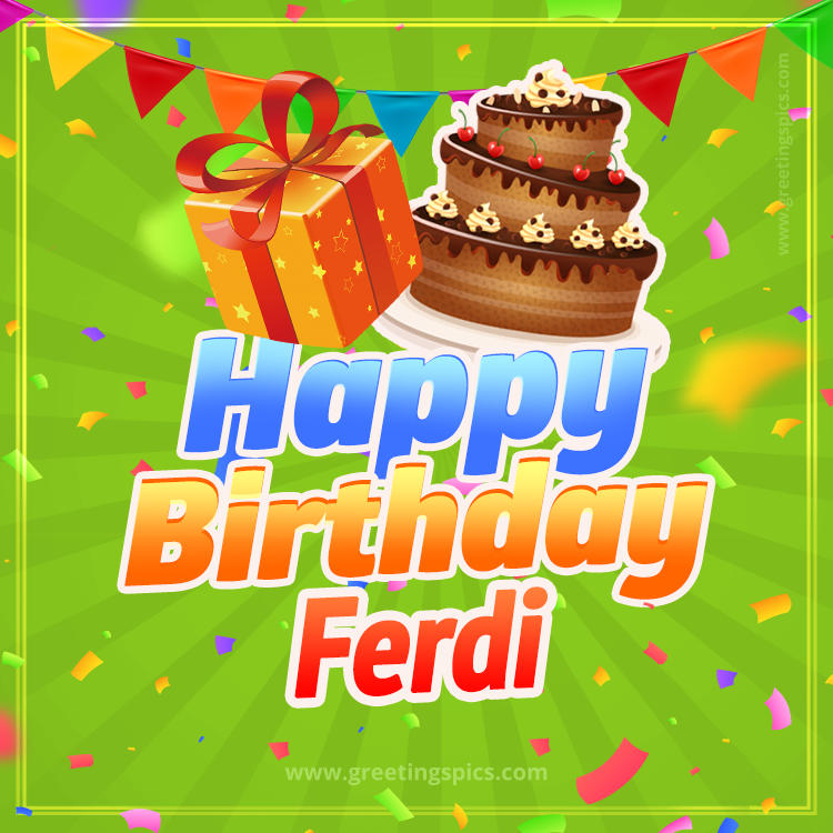 Happy Birthday Ferdi picture with flags, chocolate cake and gift box (square shape image)