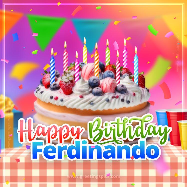 Happy Birthday Ferdinando Colorful Image with fruit cake and candles (square shape image)