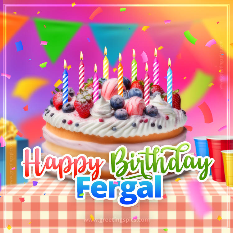 Happy Birthday Fergal Colorful Image with fruit cake and candles (square shape image)