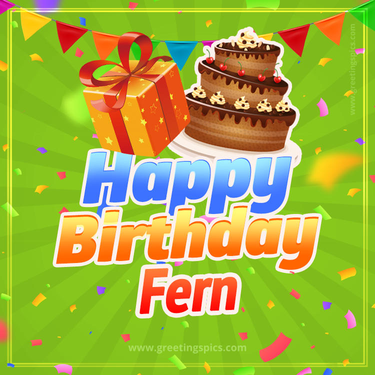 Happy Birthday Fern picture with flags, chocolate cake and gift box (square shape image)