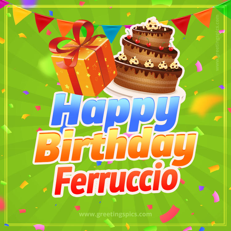 Happy Birthday Ferruccio picture with flags, chocolate cake and gift box (square shape image)