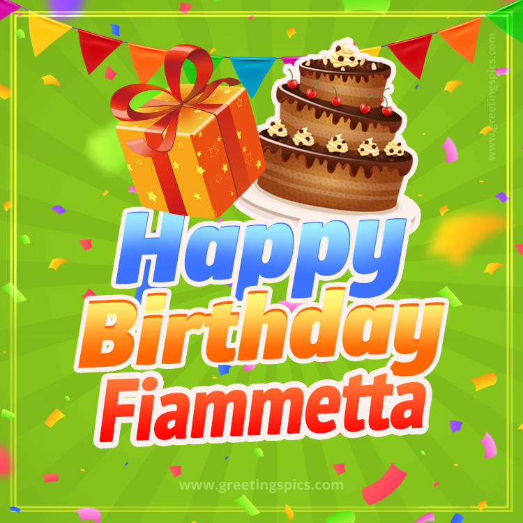 Happy Birthday Fiammetta picture with flags, chocolate cake and gift box (square shape image)