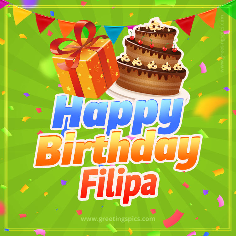 Happy Birthday Filipa picture with flags, chocolate cake and gift box (square shape image)