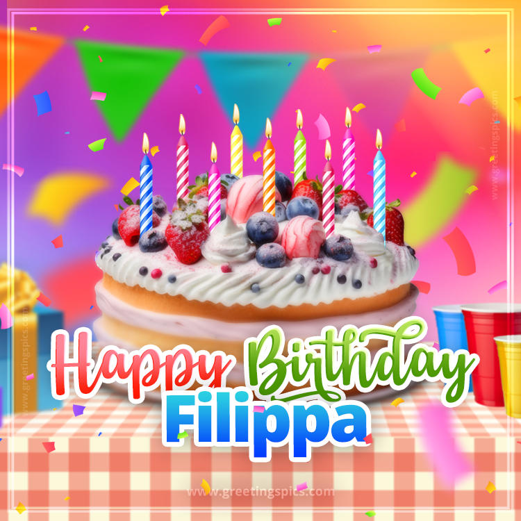 Happy Birthday Filippa Colorful Image with fruit cake and candles (square shape image)